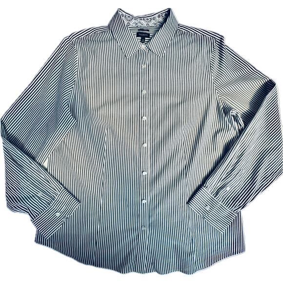 Talbots Button Up Shirt Women Sz 16 Long Sleeve Cotton Spandex Gray White Stripe - Picture 1 of 8